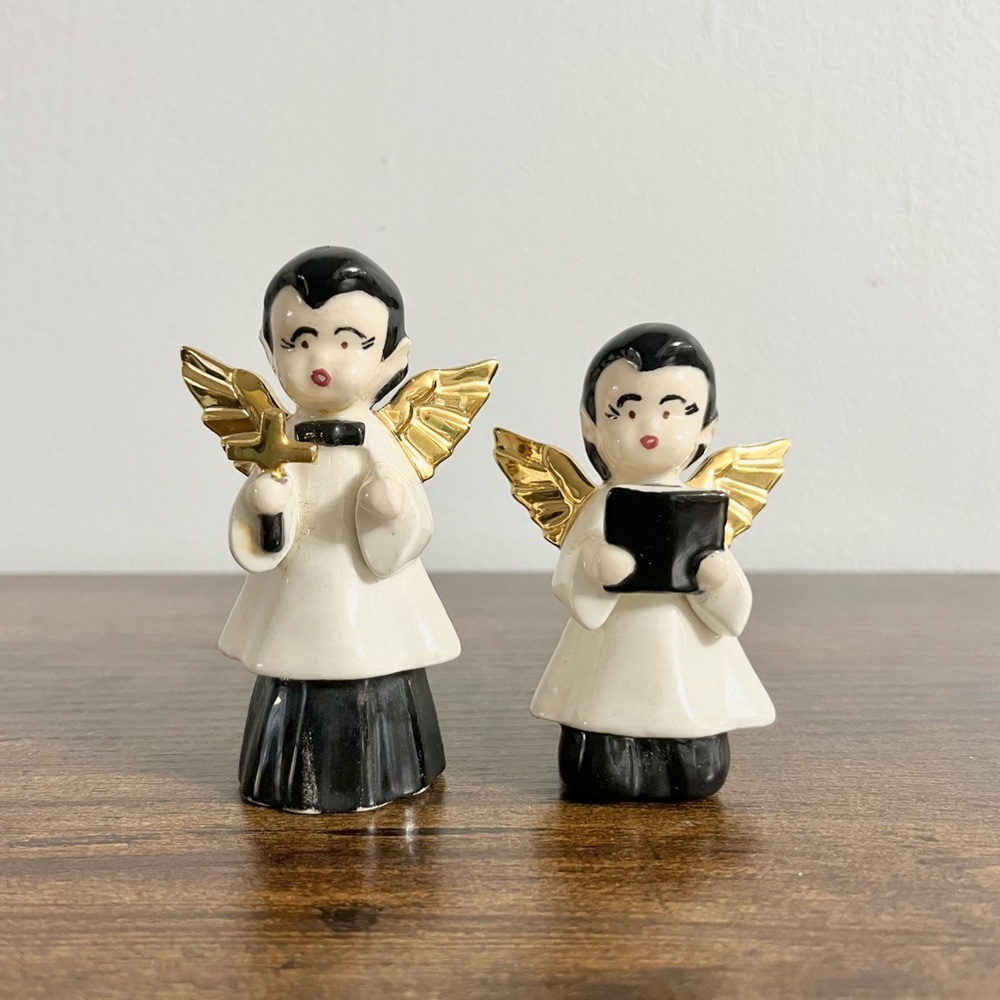 Vintage Ceramic Set of Choir Angels Singing Black White Gold Trim Read Note